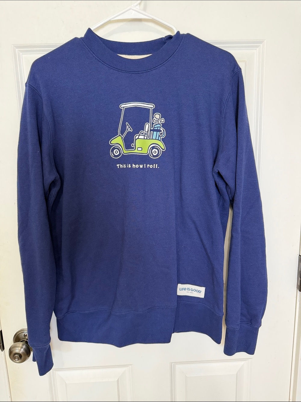 Life Is Good Golf Cart Fleece Crewneck Sweatshirt Size Small Navy Blue